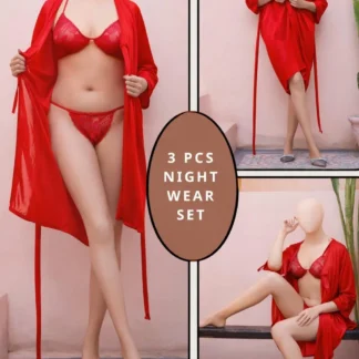 Red Silk 3-Piece Nightwear Set V-Neck