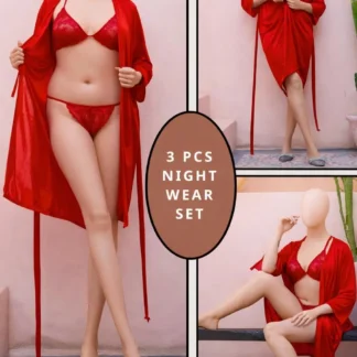 3 Pcs Silk Nightwear Set Maroon V-Neck