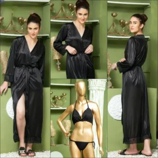 Black Silk V-Neck 3-Piece Nightgown Set