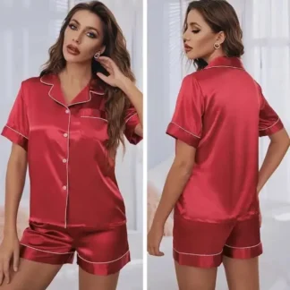 Maroon Silk V-Neck Pajama Set with Shorts
