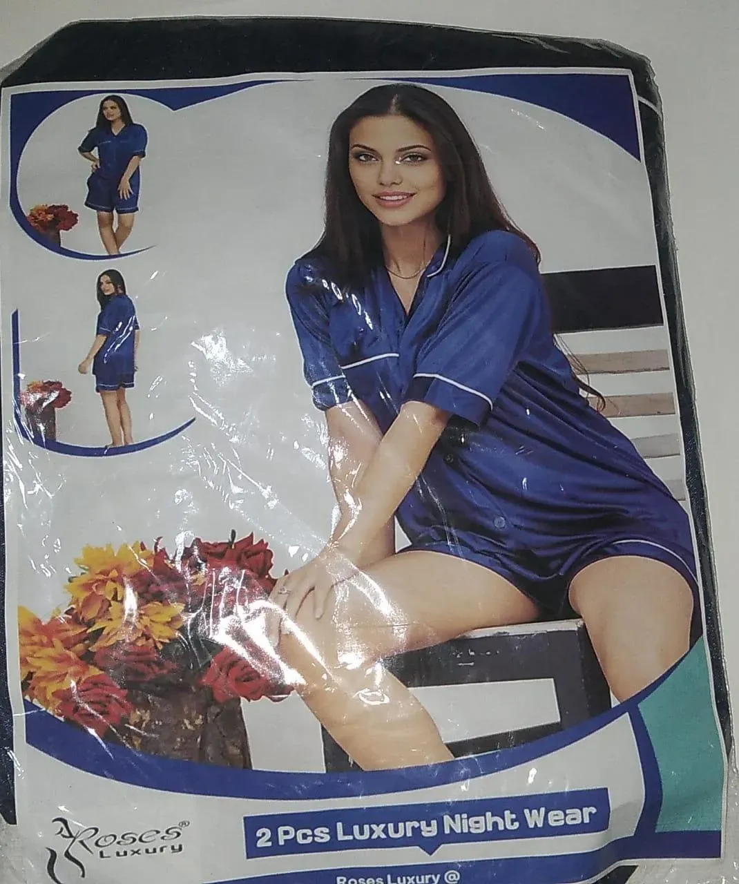 Blue Silk Lace V-Neck 2Pcs Sleepwear Set - Image 2