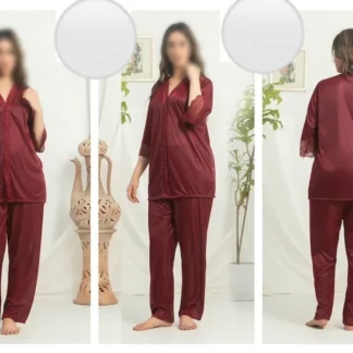 Maroon Silk V-Neck 2-Piece Sleep Set for Women