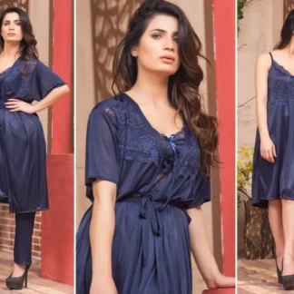 Blue Silk V-Neck Nightgown Set for Women