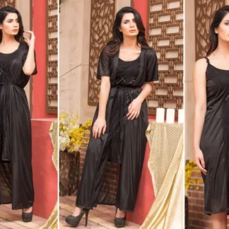 Black Silk V-Neck Nightgown Set 2 Pcs