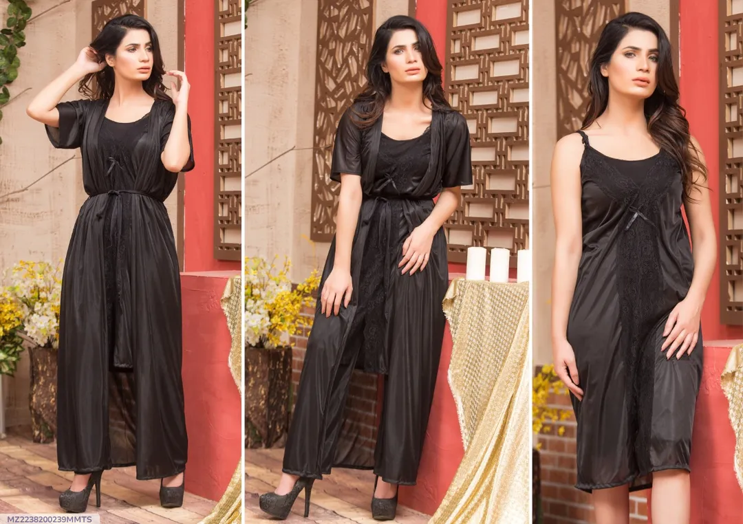 Black Silk V-Neck Nightgown Set 2 Pcs