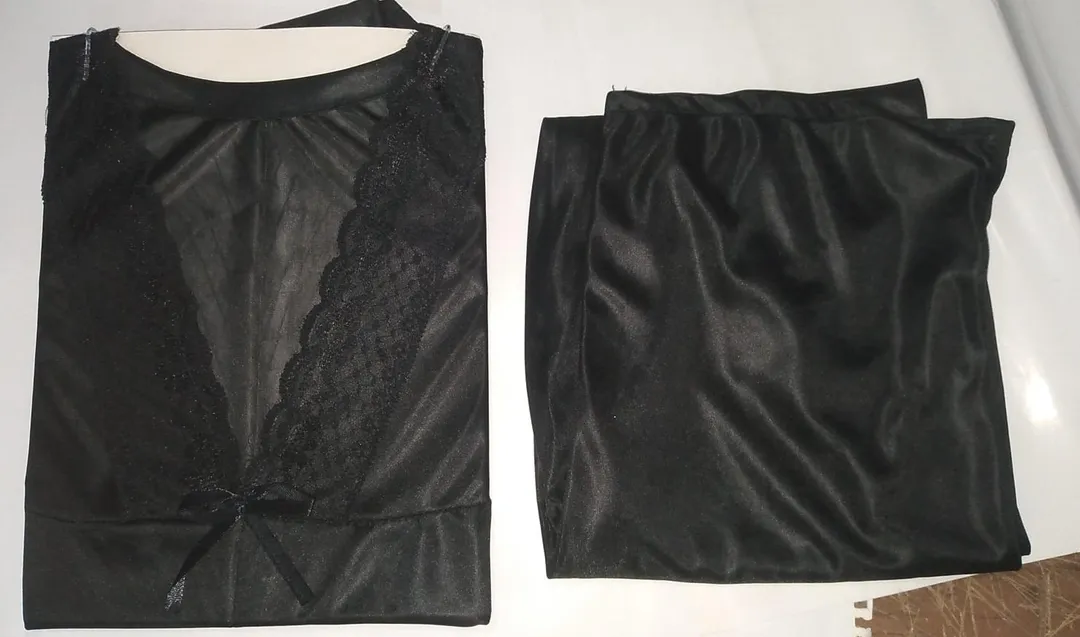 Black Silk V-Neck Nightgown Set 2 Pcs - Image 2
