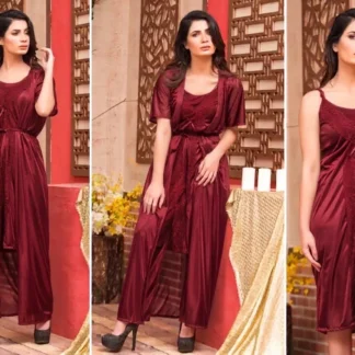Maroon Silk V-Neck Nightgown Set 2 Pcs