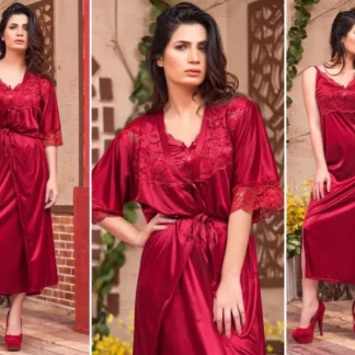 Red Silk V-Neck Nightgown Set 2 Pcs