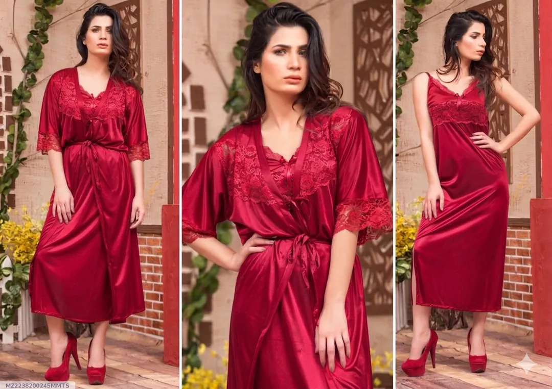 Red Silk V-Neck Nightgown Set 2 Pcs