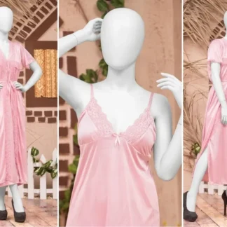 Pink Silk Night Suit 3 Pcs Set for Women