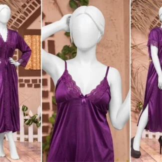Purple Silk Night Suit 3 Pcs Women V-Neck Lace