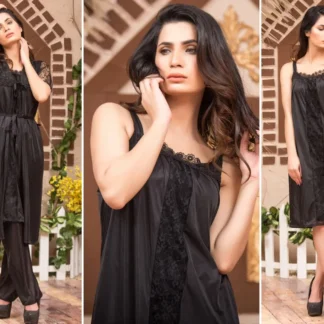 Women's Silk Lace Night Suit Black 3 Pcs Set