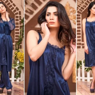 Blue Silk Lace Night Suit 3 Pcs Women