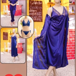 Blue Silk V-Neck Nighty Set 6 Pcs Women