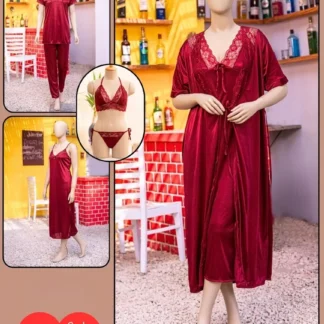 Maroon Silk Nighty Set 6 Pcs Women Stitched