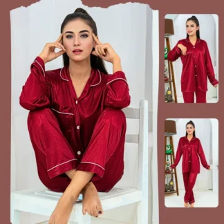 Women Silk Night Suit Maroon 2 Pcs V-Neck