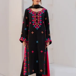 Black Embroidered Cotton Suit - 3 Pcs Set