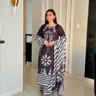 Stylish Women's Stitched Suit - 3 Pcs Digital Print Lawn Set in Black