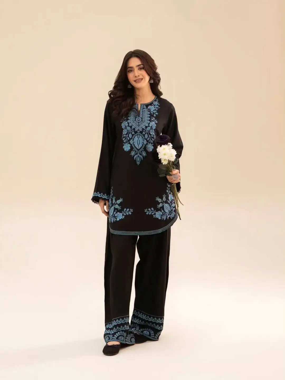 Chic Women's Stitched Cotton Suit Set - Black Embroidered 2 Pcs - Image 6
