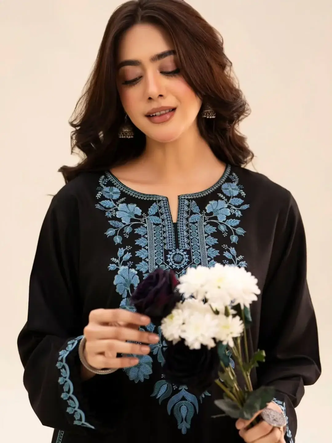 Chic Women's Stitched Cotton Suit Set - Black Embroidered 2 Pcs - Image 8