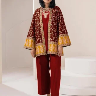 Maroon Embroidered 3 Pcs Women's Cotton Gown Suit Eid 2026