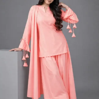 Trending Pure Linen 3 Piece Farshi Shalwar Suit for Women – Body Fit Short Shirt with Back Luppi Dori, Plain Chiffon Dupatta, Flare Farshi Shalwar | Pakistani Party & Casual Wear