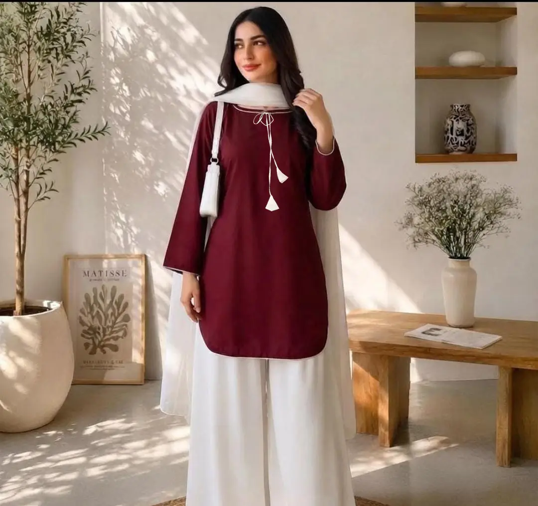 White Farshi Shalwar 3 Piece Stitched Suit for Women | Cotton Shirt with Chiffon Dupatta | Pakistani Traditional Dress - Image 2
