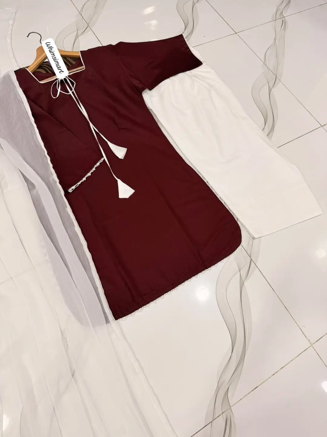 White Farshi Shalwar 3 Piece Stitched Suit for Women | Cotton Shirt with Chiffon Dupatta | Pakistani Traditional Dress - Image 5
