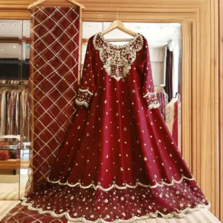 Heavy Embroidered Maxi Dress for Women | Handwork Silk Maxi with Embroidered Dupatta 3PC