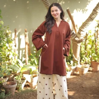 Women Linen 2Pcs Set Brown V-Neck Shirt & Embroidered Trouser