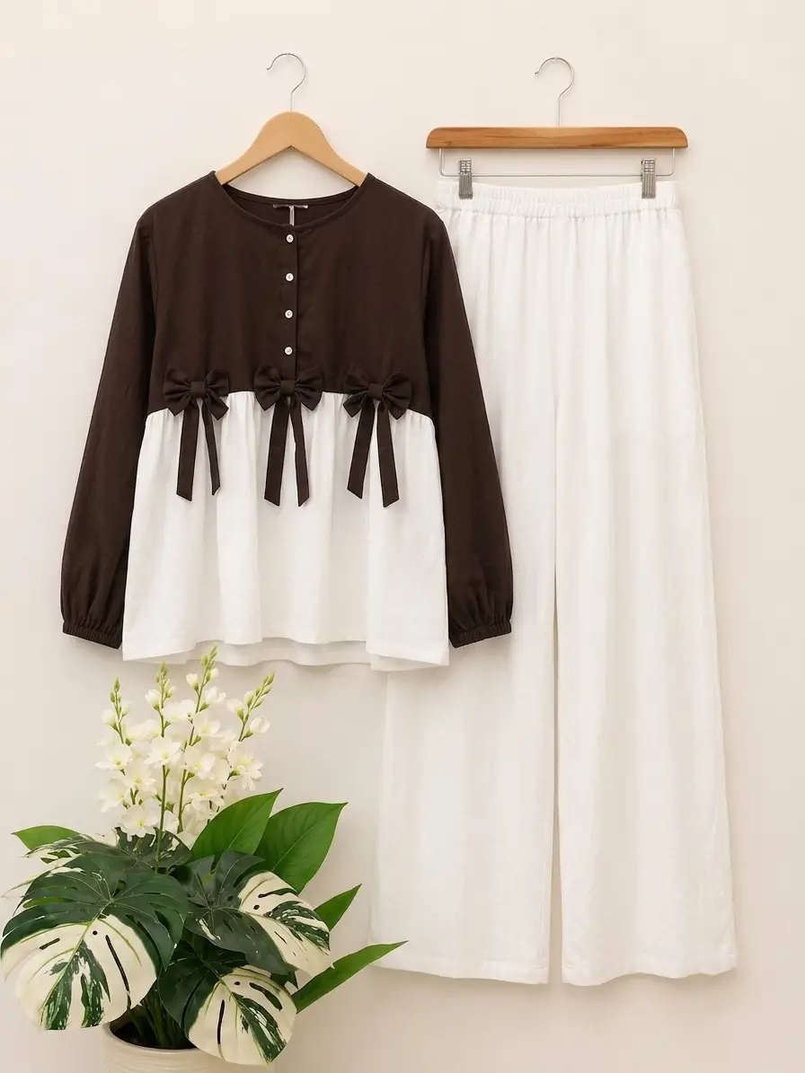 Women Summer Cotton 2 Pcs Frock Shirt & Flapper Set – Front Bow Airline Style Short Frock, Casual Co-Ord Outfit for Women - Image 2