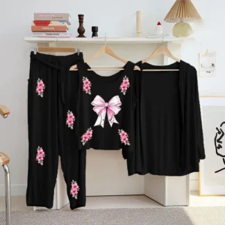 Women Black Floral Bow Night Suit 3Pcs Jersey Sleepwear