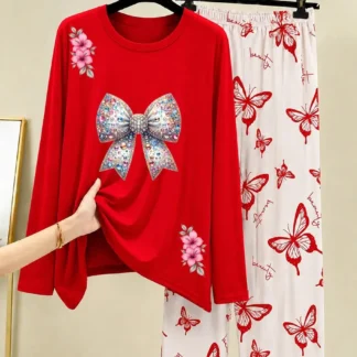 Women Red Butterfly Printed Night Suit 2Pc Cotton Jersey