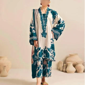 Women's 3-Piece Silk Printed Suit Blue Summer Eid Wear