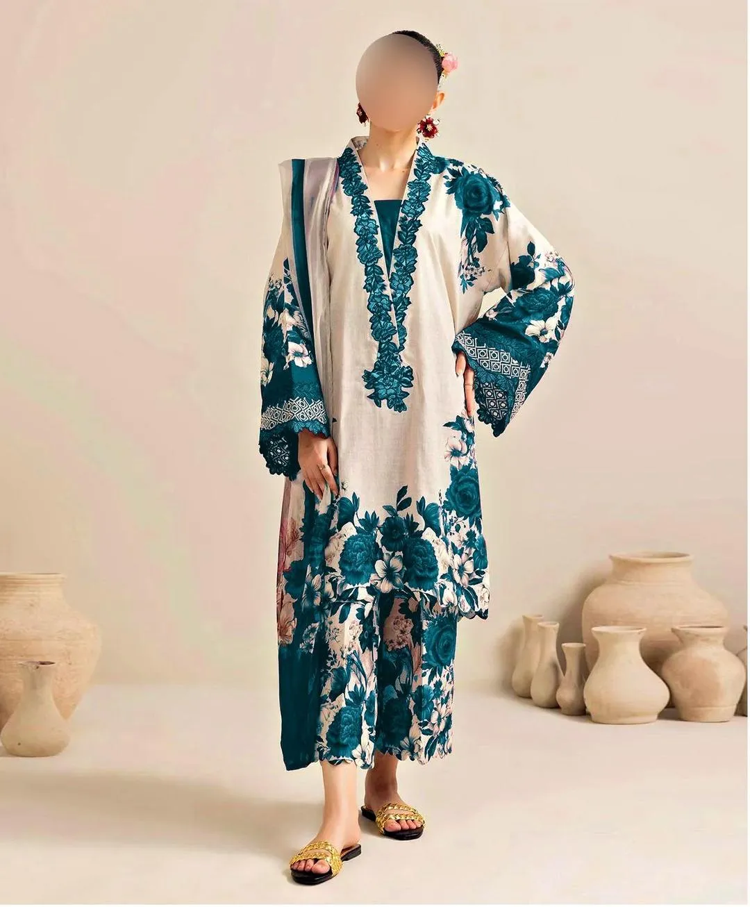 Women's 3-Piece Silk Printed Suit Blue Summer Eid Wear