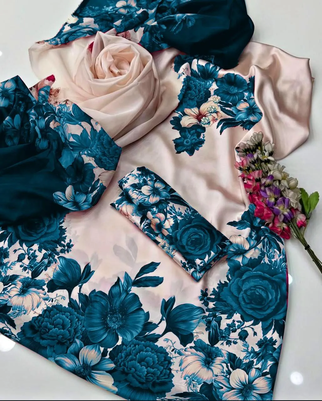 Women's 3-Piece Silk Printed Suit Blue Summer Eid Wear - Image 2
