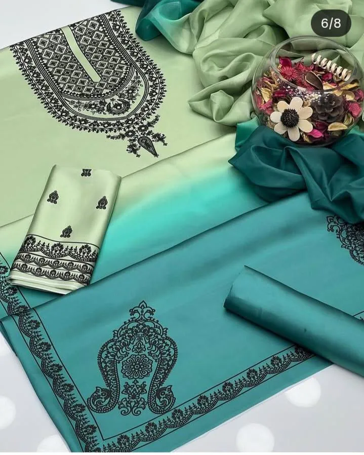 Women's 3-Piece Silk Suit Mint Teal Digital Print - Image 2