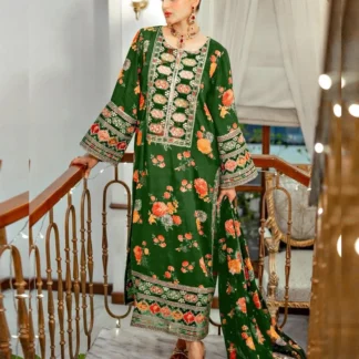 Green 3 Pcs Silky Printed Suit for Women Summer Collection