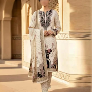 Women's 3-Piece Silk Suit Off-White Digital Print Wedding Eid