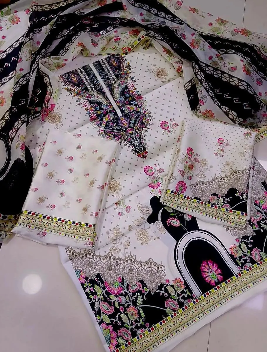 Women's 3-Piece Silk Suit Off-White Digital Print Wedding Eid - Image 2