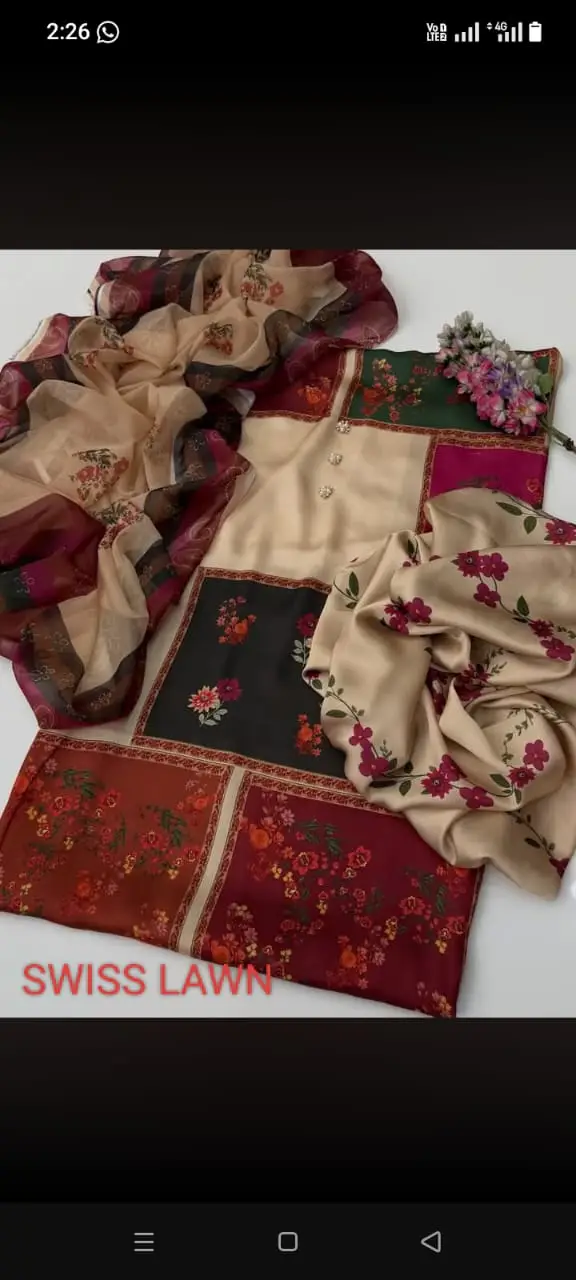 Unstitched Digital Printed Swiss Lawn 3 Piece Suit for Women | Floral Printed Swiss Lawn Shirt & Trouser with Poly Silk Dupatta | Summer Lawn Collection - Image 2