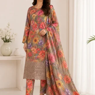 Chicken Kari Swiss Lawn 3 Piece Suit for Women | Digital Printed Lawn Dress with Aari Embroidered Chiffon Dupatta | Unstitched Summer Collection