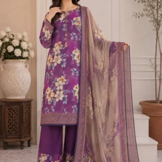 Digital Printed 3 Piece Swiss Lawn Suit for Women – Floral Print Lawn Shirt & Trouser with Original Crinkle Chiffon Dupatta | Summer Casual Dress | Pakistani Lawn Collection