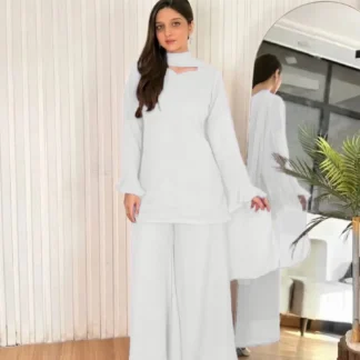 Women's Chiffon Short Shirt Palazzo 3 Piece Suit – Body Fitting Short Shirt with Back Luppi Dori Work, Chiffon Palazzo & Plain Dupatta | Pakistani Stitched Dress