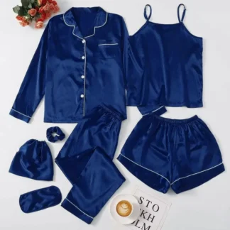 7 Pcs Women's Shamose Silk Nightwear Set | Camisole, Shirt, Trouser & Shorts | Piping Work Sleepwear | Scrunch, Eye Mask & Potli Bag | Luxury Night Suit