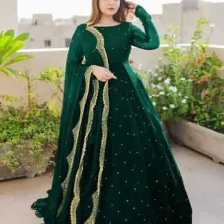 Green Chiffon Maxi Dress 3Pcs with Pearls Flare 100 Ghair Eid Party Wear