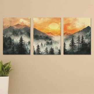 Abstract Mountain Art Set 3Pcs Sunset Misty Pine Forest