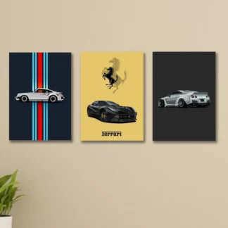 3-Piece Car Art Wall Set with Porsche Ferrari & Silver Car