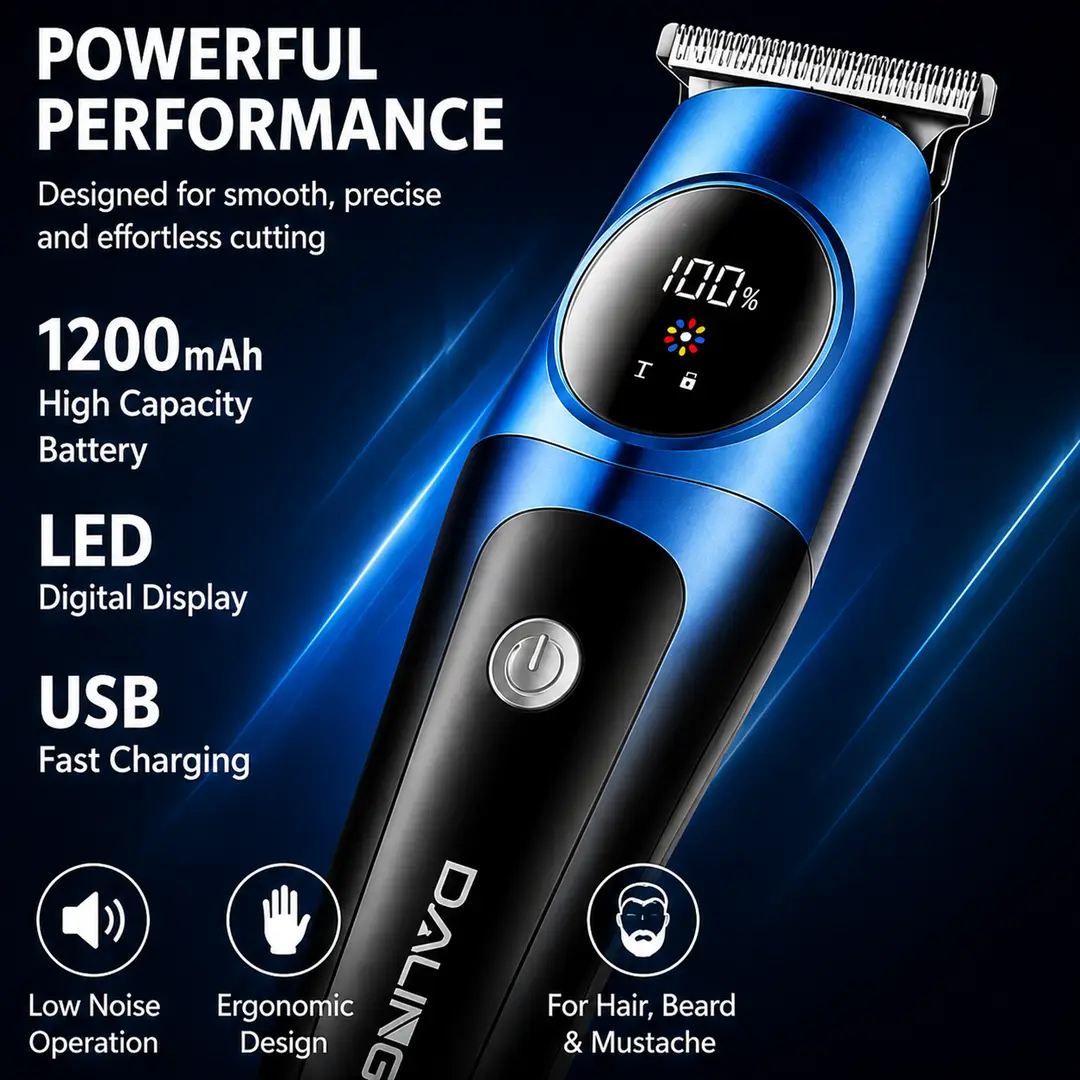 DALING DL-1698 Professional Hair Clipper – USB Rechargeable Hair & Beard Trimmer with LED Display | 1200mAh Battery - Image 3