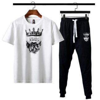 Men Printed Crown Beard Track Suit White Black 2Pcs